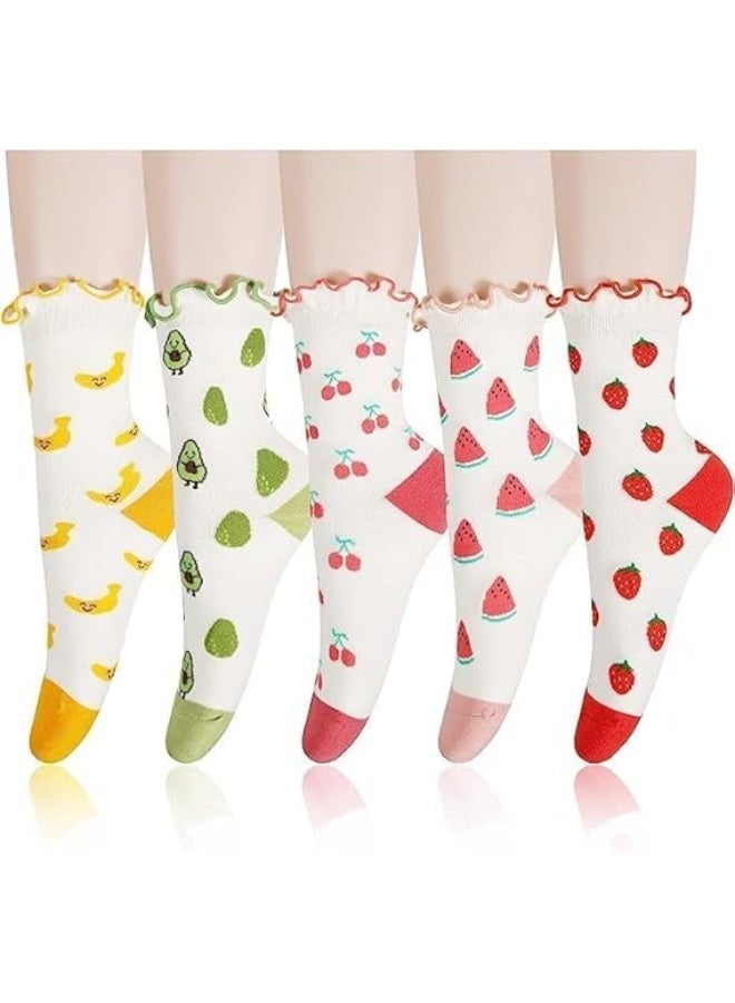 CLENEA Women's Crew Socks, Funny Novelty Ruffle Socks, Multicolor Fruit Patterned Cotton Dress Socks, Soft Breathable Mid-Calf Socks for Women and Girls - Image 1